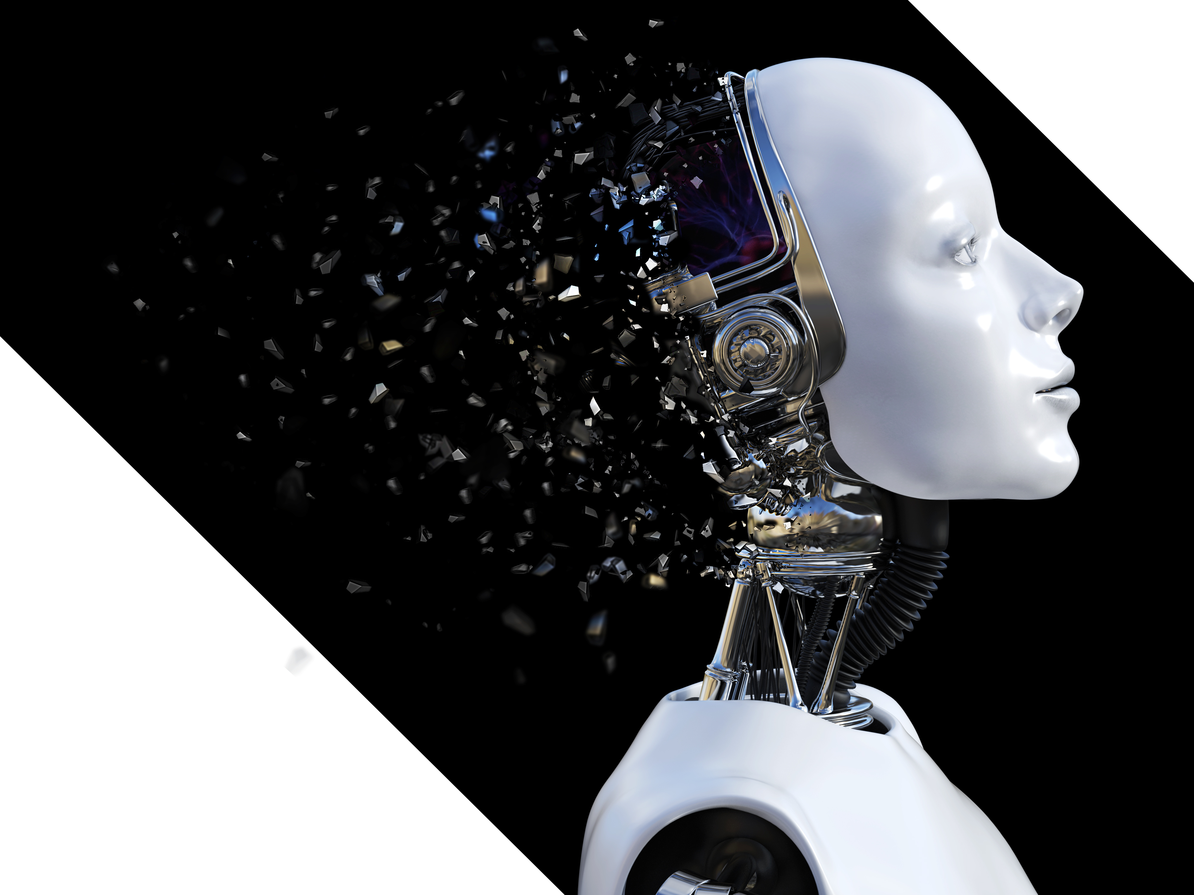 Robotic head with digital disintegration effect and white geometric overlays. Artificial Intelligence